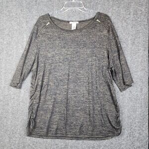 Ultra Teeze Knit Top Women 2X Black Tan Marled Zipper Shoulder Ruched 3/4 Sleeve